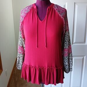 L Love mixed media lightweight peplum tunic Small oversized gauzy chiffon